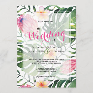Tropisch roze Protea Greenery Floral Wedding Kaart