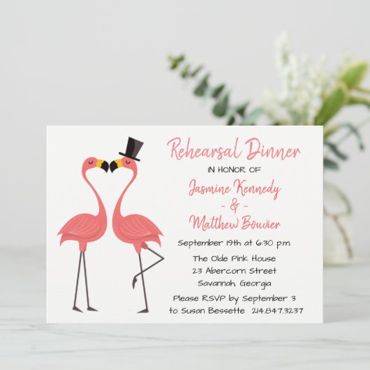 Tropisch roze repetitie diner flamingo bruiloft kaart (Staand voorkant)