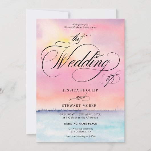 Tropisch roze strand zonsondergang kalligrafie bru kaart (Voorkant)