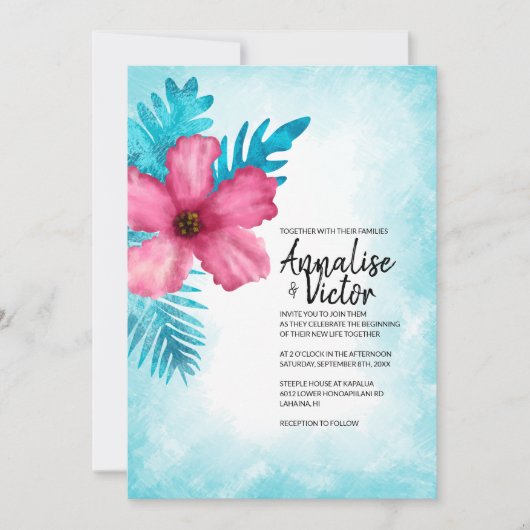Tropisch roze turquoise hibiscus eiland bruiloft kaart (Voorkant)