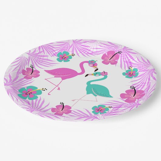 Tropisch roze Turquoise Palms Flamingo 9" Papieren Bordje (Gekanteld)