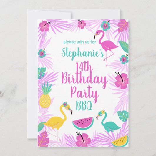 Tropisch roze Turquoise Palms Flamingo Birthday Kaart (Voorkant)