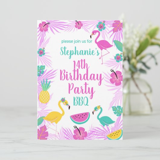 Tropisch roze Turquoise Palms Flamingo Birthday Kaart (Staand voorkant)