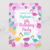 Tropisch roze Turquoise Palms Flamingo Birthday Kaart (Voorkant / Achterkant)