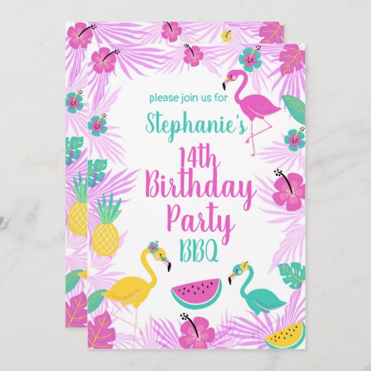 Tropisch roze Turquoise Palms Flamingo Birthday Kaart (Voorkant / Achterkant)