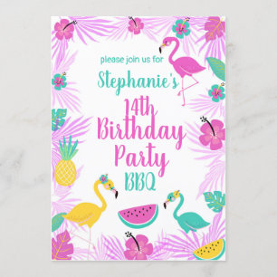 Tropisch roze Turquoise Palms Flamingo Birthday Kaart