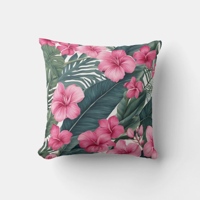 Tropisch Roze Vakantie Bloemen Print Kussen (Voorkant)