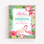 Tropisch roze Vrijgezellenfeest Flamingo Welkomstt Poster<br><div class="desc">Het vrijgezellenfeest van het huwelijk is voorzien van twee  roze flamingo's met een klein lijst groene palmbladeren en tropische hibiscus-bloemen in tinten van roze,  zonnegeel en wit. Stijlvolle Aloha-tekst met aqua blue banner-titel kan volledig gepersonaliseerd zijn voor uw gebeurtenis en de naam van de bruid-to-be. Achtergrondkleur is blauw zeebrasem/groen.</div>