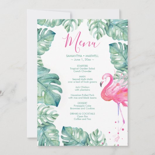 Tropisch roze Waterverf Flamingo verliest menu Kaart (Voorkant)