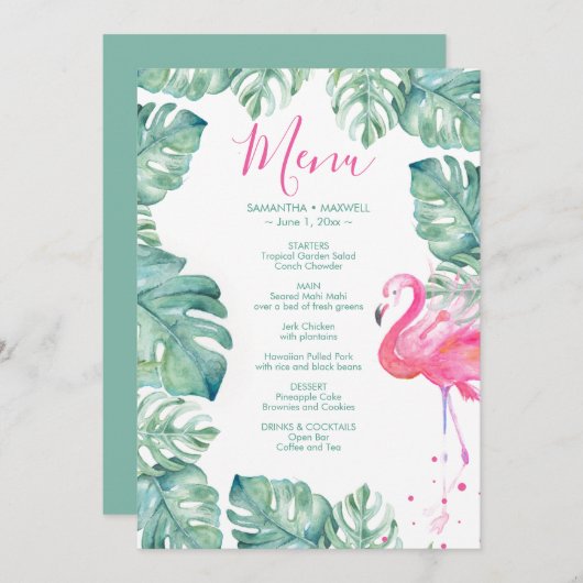 Tropisch roze Waterverf Flamingo verliest menu Kaart (Voorkant / Achterkant)