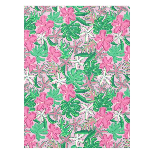 Tropisch Roze Witte Bloemen Palm Leaves Preppy Tafelkleed (Voorkant)