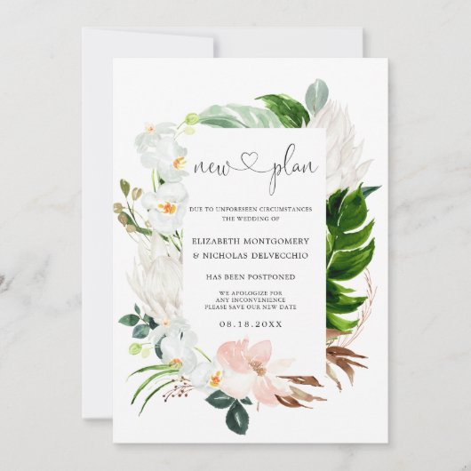 Tropisch roze witte Floral | Uitgestelde bruiloft Kaart (Voorkant)