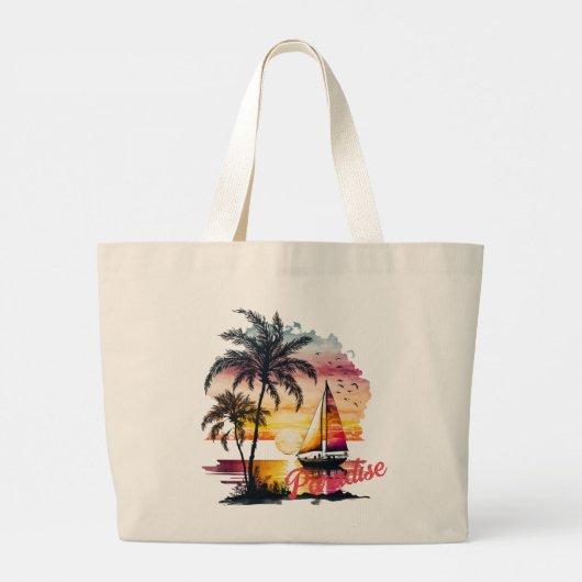 Tropisch roze zonneboot Palms Grote Tote Bag (Achterkant)