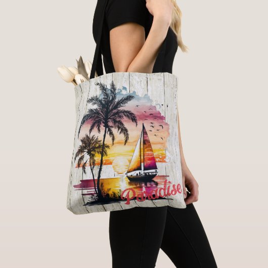 Tropisch roze zonneboot Palms Tote Bag (Dichtbij)