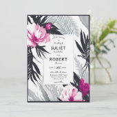 Tropisch roze zwarte bloemen palm lef bruiloft kaart (Staand voorkant)