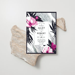 Tropisch roze zwarte bloemen palm lef bruiloft kaart