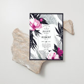 Tropisch roze zwarte bloemen palm lef bruiloft kaart