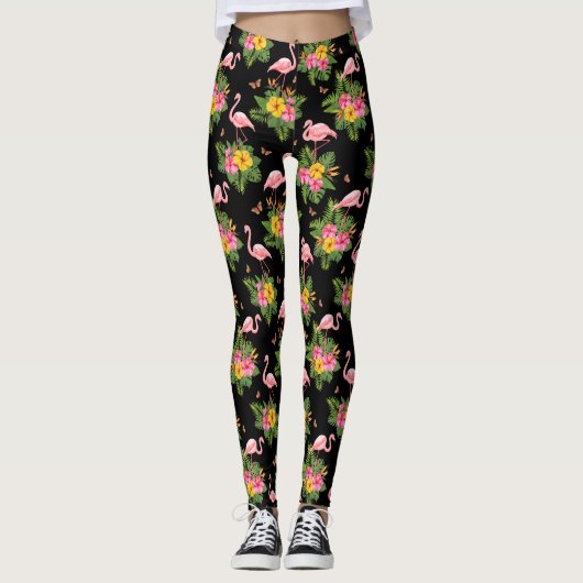 Tropisch roze zwarte Waterverf Flamingo patroon Leggings (Voorkant)