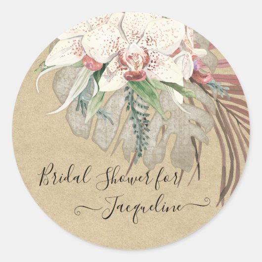 Tropisch rustiek Kraft Orchidee Salie Bloemen Blad Ronde Sticker (Voorkant)