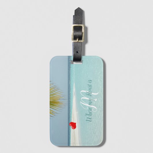 Tropisch Sandy Beach Aqua Monogram Heart Palm Bagagelabel (Voorkant (verticaal))