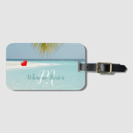 Tropisch Sandy Beach Aqua Monogram Heart Palm Bagagelabel
