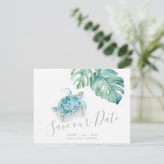 Tropisch Save the Date met Aquarel Zee Schildpad (Staand voorkant)