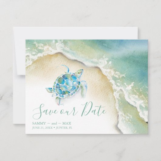 Tropisch Save the Date met Aquarel Zee Schildpad (Voorkant)