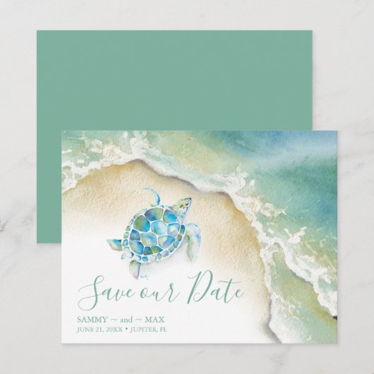Tropisch Save the Date met Aquarel Zee Schildpad (Voorkant / Achterkant)