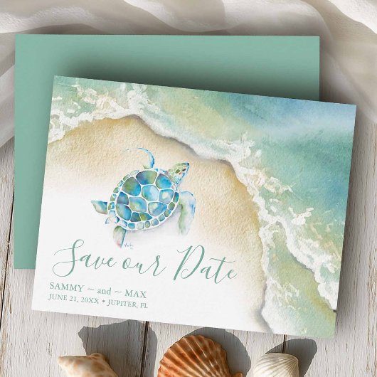 Tropisch Save the Date met Aquarel Zeeschildpad