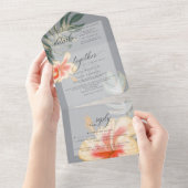 Tropisch Scarlet Yellow Hibiscus Fern Wedding All In One Uitnodiging (Afscheurbaar)