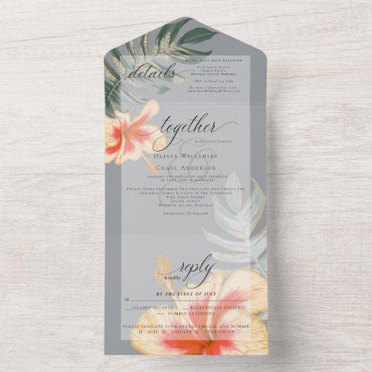 Tropisch Scarlet Yellow Hibiscus Fern Wedding All In One Uitnodiging (Binnen)