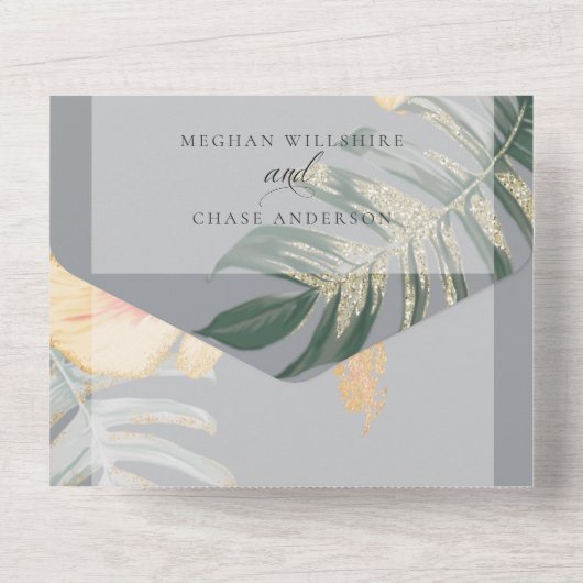 Tropisch Scarlet Yellow Hibiscus Fern Wedding All In One Uitnodiging (Achterkant)