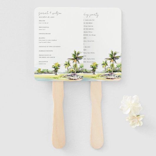 Tropisch script kastal palm Trees Wedding Program Handwaaier (Voorkant en achterkant)