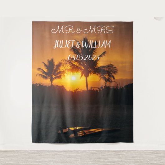 Tropisch Script Mr & Mrs Trouw Achtergrond banner Wandkleed (Voorkant)