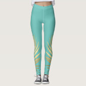 Tropisch Shimmer Gold Palm Leaves Soft Aqua Blue Leggings (Voorkant)