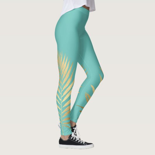 Tropisch Shimmer Gold Palm Leaves Soft Aqua Blue Leggings (Rechts)
