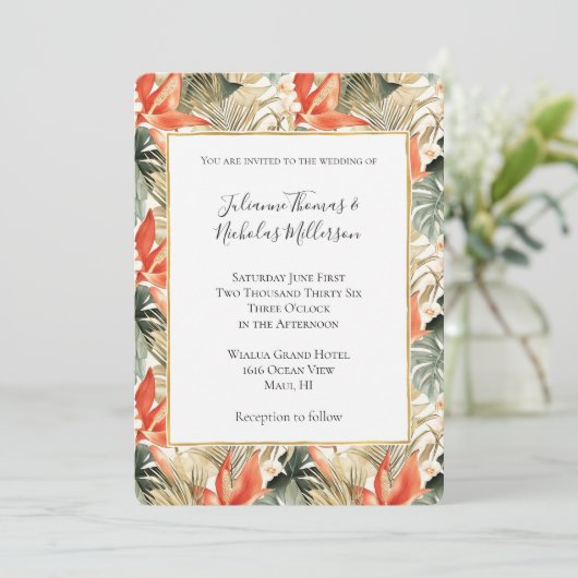 Tropisch Sinaasappel Anthurium Bloemenbruiloft Kaart (Staand voorkant)