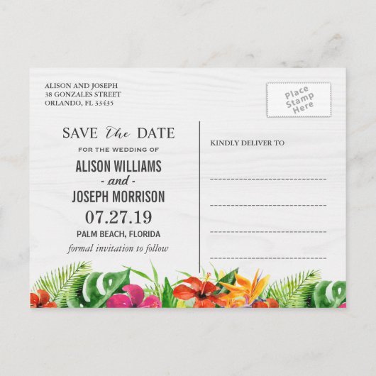 Tropisch Sla de datum op | Hibiscus Floral Flaming Aankondigingskaart (Achterkant)