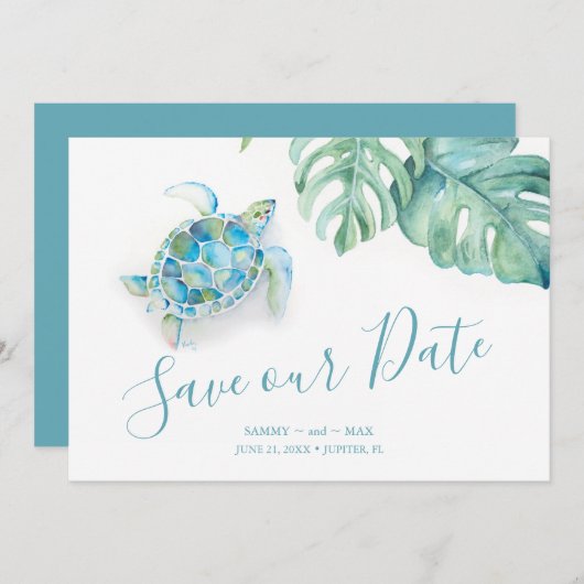 Tropisch sparen de Datum met de Schildpad van het  Save The Date (Voorkant / Achterkant)