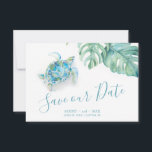Tropisch sparen de Schildpad van het Zee van de Wa Save The Date<br><div class="desc">kondig uw verloving met mijn tropische budgetbruiloft aan behalve de datumuitnodigingen met trendy script-typografie en mijn originele waterverf monstera greenery en tropische zee schildpad in tinten blauw, turquoise en groen. Er is ruimte beschikbaar voor je namen, trouwdatum en trouwlocatie. Kaarten keren terug naar een aanvullende vaste turkooiskleur. Ideaal voor tropische...</div>