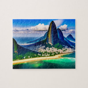 Tropisch stadslandschap met bergen en strand legpuzzel