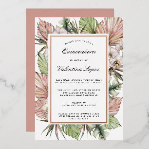 Tropisch Stof Roze Witte Bloemige Quinceanera Goud Folie Uitnodiging