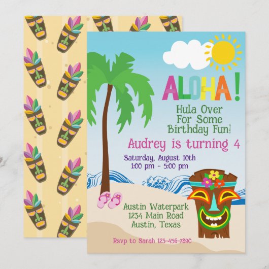 Tropisch strand Aloha Luau verjaardagsuitnodiging Kaart (Voorkant / Achterkant)