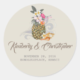 Tropisch strand ananas bruiloft ronde sticker