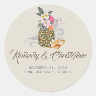 Tropisch strand ananas bruiloft ronde sticker