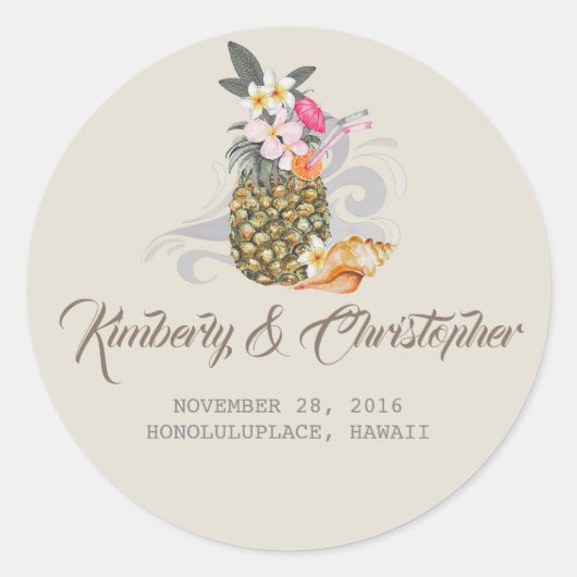 Tropisch strand ananas bruiloft ronde sticker (Voorkant)