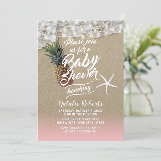Tropisch strand, ananas en staarvis, Baby shower Kaart (Staand voorkant)