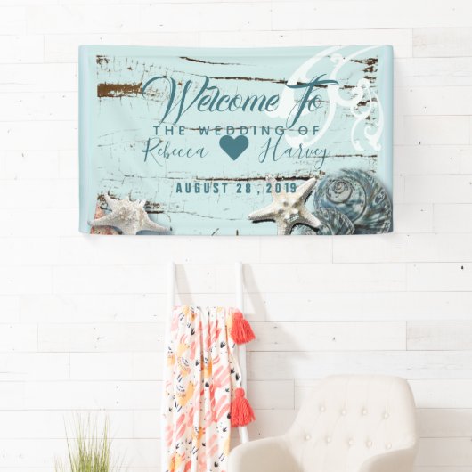 Tropisch strand Aqua Blue Seashell bruiloft Spandoek (Insitu)