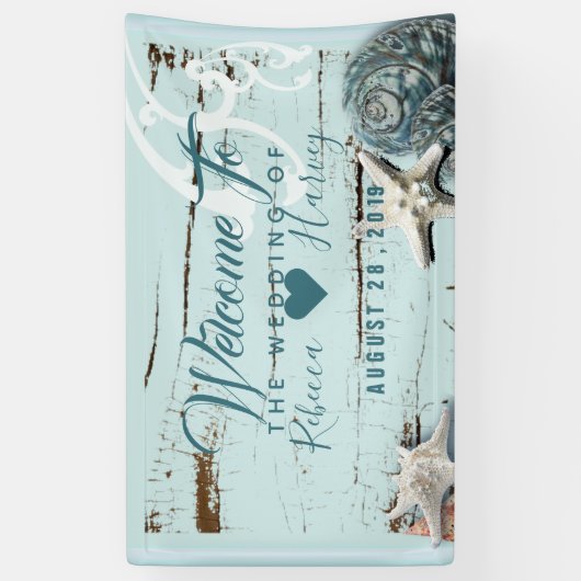 Tropisch strand Aqua Blue Seashell bruiloft Spandoek (Verticaal)