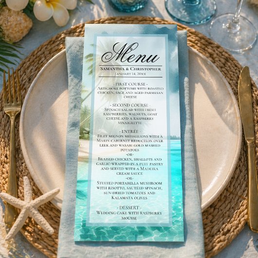 Tropisch strand aquarel elegante kust bruiloft menu